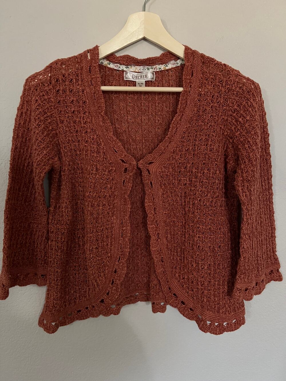 Decree Textured Crochet Cardigan 3/4 Sleeve Burnt Orange Hook Closure Sz XL